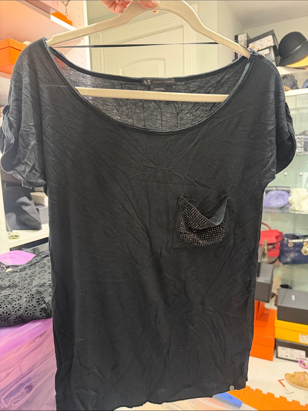 A/X Armani Exchange Black Short Sleeve Tee with Embellished Pocket